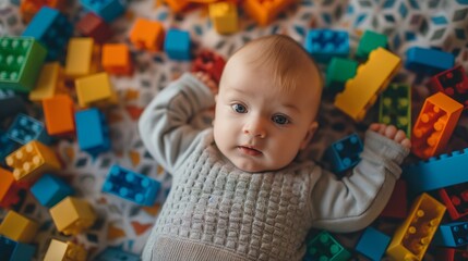 Fototapeta na wymiar A baby lying on a soft blanket, surrounded by colorful building blocks, exploring their surroundings