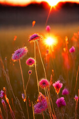 Golden Hour Glow. Warm, soft light of the setting sun illuminating delicate wildflowers