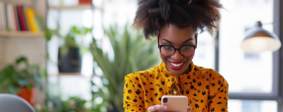 Happy africian woman using smartphone and smile. Girl have a cellphone while sitting in the living room.