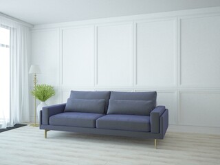 Eleganckie nowoczesne białe wnętrze salonu ze sztukaterią i niebieską wygodną sofą