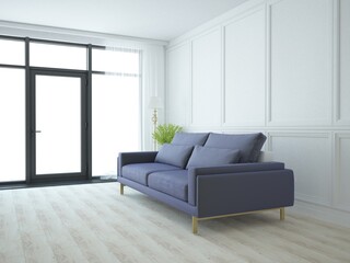Eleganckie nowoczesne białe wnętrze salonu ze sztukaterią i niebieską wygodną sofą
