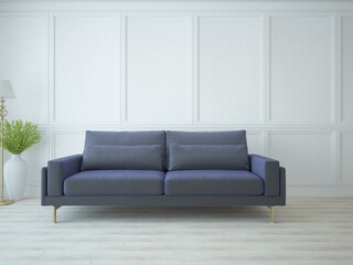 Eleganckie nowoczesne białe wnętrze salonu ze sztukaterią i niebieską wygodną sofą © VILKTERIO