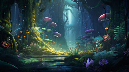 Dreamy fantasy deep jungle lush vegetation digital illustration - obrazy, fototapety, plakaty