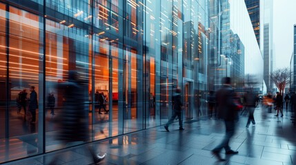 Urban Pulse Dynamic Cityscape with Blurred Commuters in Modern Business District