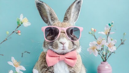 Easter greeting card - Cool Easter bunny, rabbit with pink sunglasses and bow tie.