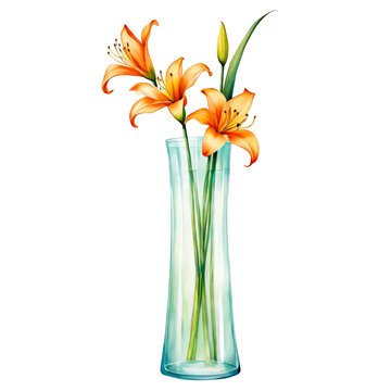 Lilies flower vase, watercolor painting, clipart, luxury , interior decor, vector illustration, for architect presentation, project, journal, cutout, sleek modern vase, glass vase minimal