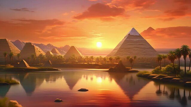 Landscape with ancient Egyptian pyramids, beautiful sky and sunset. The concept of ancient history. AI-generated.