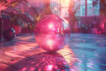 Mirrored disco ball shines under various lights, creating dazzling reflections and transforming spaces into vibrant dance floors.