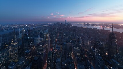 Fototapeta premium Twilight Majesty Aerial Cityscape Glowing with Sunset Reflections and Serene Twilight Sky