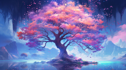 Fantastic landscape with a fantasy tree of desires in