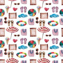 A pattern with items for a sea vacation,glasses,a ball,ice cream,a beach bag,slates,an inflatable circle. Watercolor seamless pattern highlighted on a white background