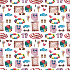 A pattern with items for a sea vacation,glasses,a ball,ice cream,a beach bag,slates,an inflatable circle. Watercolor seamless pattern highlighted on a white background