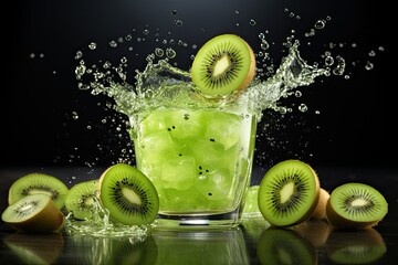 splash of kiwi juice with elegant glass isolated on black background
