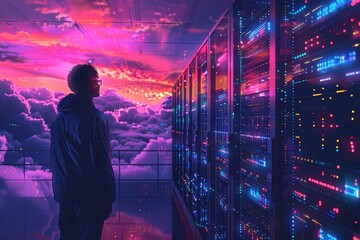 Successful data center IT specialist checking cloud servers while working as system administrator for cyber security, Generative AI
