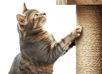 cat scratches and plays at the scratching post isolated against transparent