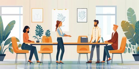 Friendly female leader boss shake hand of new staff member welcoming male employee on job in corporate department. Business colleagues around the table making strong business, Generative AI