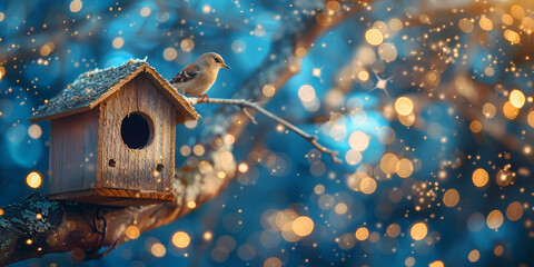Christmas card with a birdhouse in the snow.  - obrazy, fototapety, plakaty