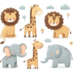 Obraz na płótnie Canvas A playful collection of illustrated lions, giraffes, and elephants amidst soft clouds and delicate flowers, perfect for children’s book illustrations or nursery decor.