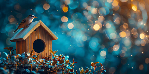 bird house in the forest, An elegant wooden birdhouse hanging from a tree branch.  - obrazy, fototapety, plakaty