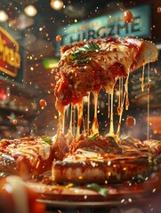 Chicagostyle deep dish pizza ascending in a cheesy chunk over a classic pizzeria, 3D, 3D Abstract Animation