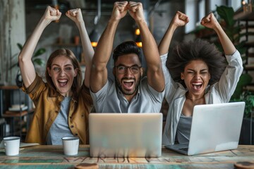 Happy diverse successful business team celebrating a triumph with arms up in startup office. Multiethnic business group with laptop screaming and holding fists, Generative AI