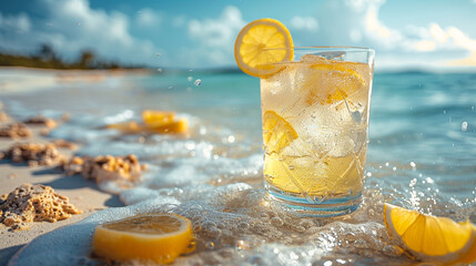  A refreshing beach cocktail served in a stylish glass, garnished with a slice of lemon, and placed on a sandy beach with crystal clear waters.
