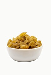 Golden Raisin in a White Bowl Isolated on White Background with Copy Space
