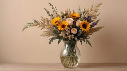 a vase with flowers on a beige background. copy space
