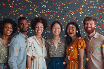 Tuinposter Happy diverse employees team celebrating success business achievement among confetti, Generative AI © Focal Imaging