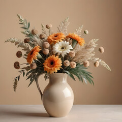 a vase with flowers on a beige background. 
