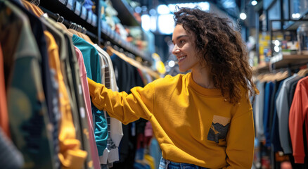 A young woman is smiling while picking out in a store, wearing a yellow sweater and jeans