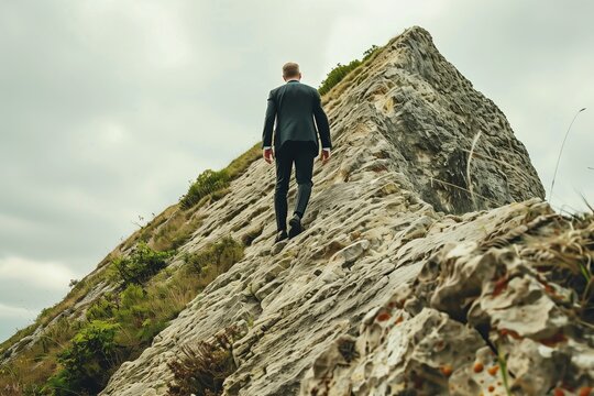 Businessman in a sleek suit conquers a challenging mountain peak, symbolizing determination, ambition, and the relentless pursuit of success amidst adversity