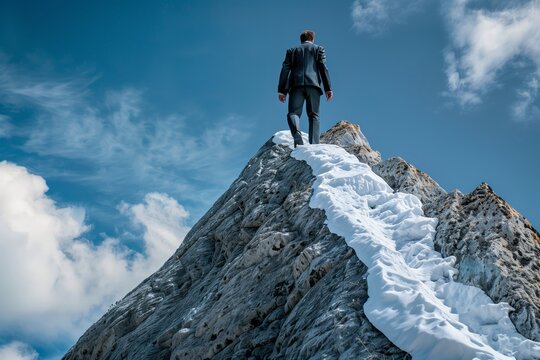 Businessman in a sleek suit conquers a challenging mountain peak, symbolizing determination, ambition, and the relentless pursuit of success amidst adversity