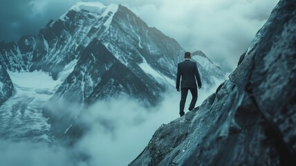 Businessman in a sleek suit conquers a challenging mountain peak, symbolizing determination, ambition, and the relentless pursuit of success amidst adversity - obrazy, fototapety, plakaty