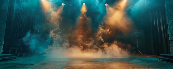 Empty stage with spotlights and smoke banner background with copy space, Generative AI