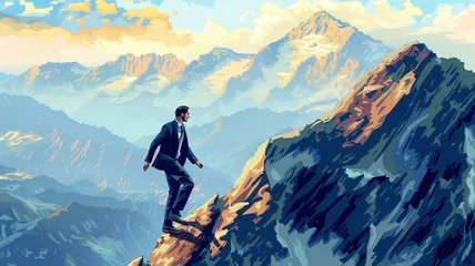 Foto op Plexiglas Businessman in a sleek suit conquers a challenging mountain peak, symbolizing determination, ambition, and the relentless pursuit of success amidst adversity © Ilia