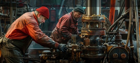 Workers operating heavy machinery in an industrial environment. They are engaged in maintaining or repairing mechanical equipment, surrounded by a complex array of pipes and metal structures. - Powered by Adobe
