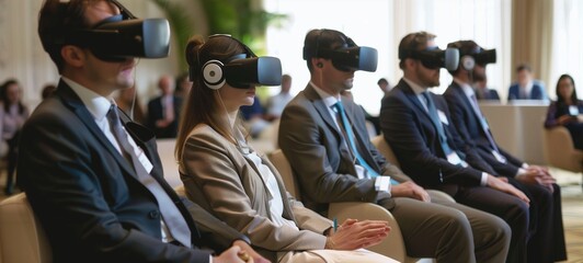 A group of businessmen seated in a conference room, experiencing virtual reality through head-mounted displays. Modern approach to interactive presentations and meetings in a corporate setting.