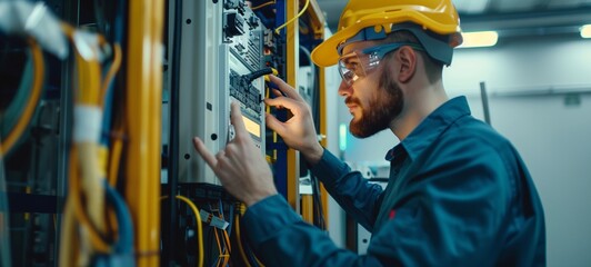 A technician in safety gear examines an electronic unit in a server room. Focused on a task, the professional handles the intricate settings of network or server equipment.