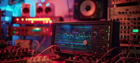 Modern audio equipment in a sound engineering studio. A mixed signal oscilloscope screen glows with...