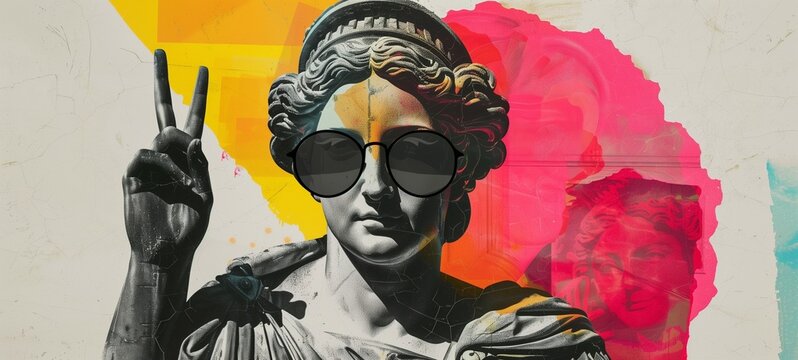 Fototapeta Antique female statue's head in sunglasses juxtaposed with a peace-sign hand gesture. The artwork blends classical elements with modern, pop-art style