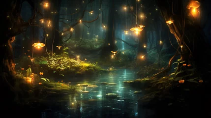 Fotobehang Fantasy firefly lights in the magical forest .. © Jafger