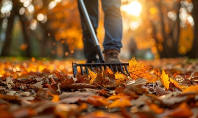 Person rake leaves in autumn, Generative AI