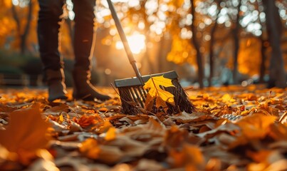 Person rake leaves in autumn, Generative AI - obrazy, fototapety, plakaty
