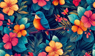 Seamless pattern background influenced by the organic forms and vibrant colors of tropical rainforests with colourful birds and flowers, Generative AI - obrazy, fototapety, plakaty