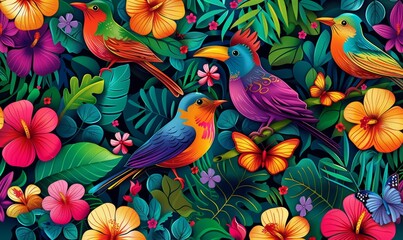 Seamless pattern background influenced by the organic forms and vibrant colors of tropical rainforests with colourful birds and flowers, Generative AI