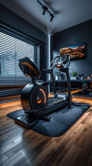 Stationary exercise bike in a modern room - A contemporary and high-tech gym bike stands in a stylishly lit room with modern amenities, conveying health and luxury
