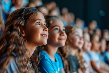 Side view of a children audience enjoying a kids concert or movie with happy smiling faces,...