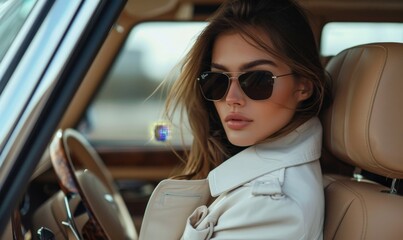 Stylish female model wearing a white trench coat and sunglasses sits in a brown luxury car, luxury style, Generative AI