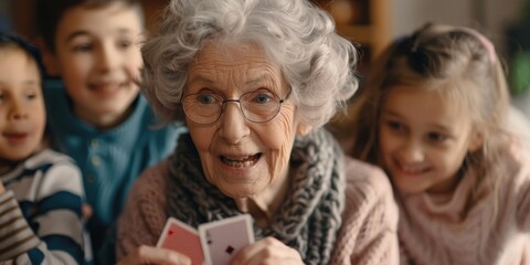 A woman in glasses is playing cards with a group of children - obrazy, fototapety, plakaty